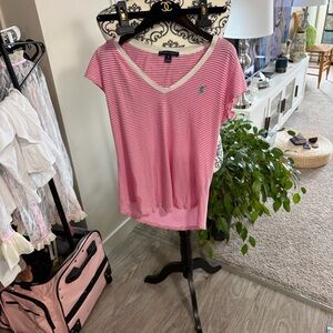 RALPH LAUREN - Pink and White Striped V-Neck Tee